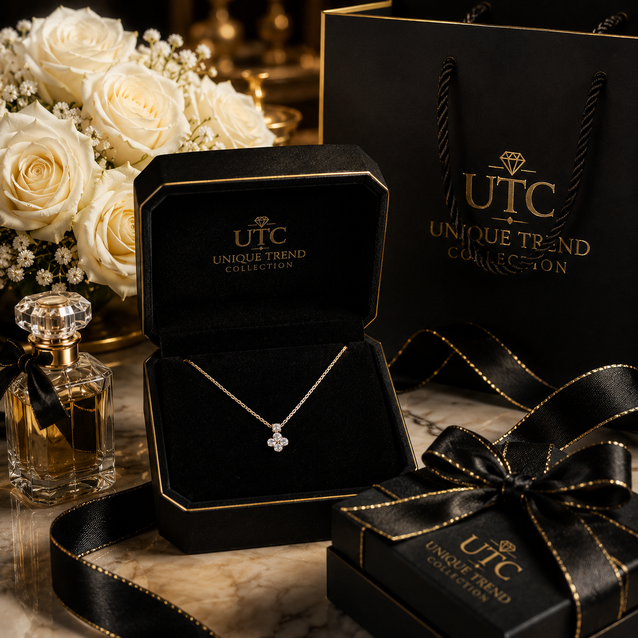 ✨ UTC Luxury Crystal Clover Necklace for Women | Elegant Gold-Tone Pendant | Adjustable Chain | Perfect Gift 💎
