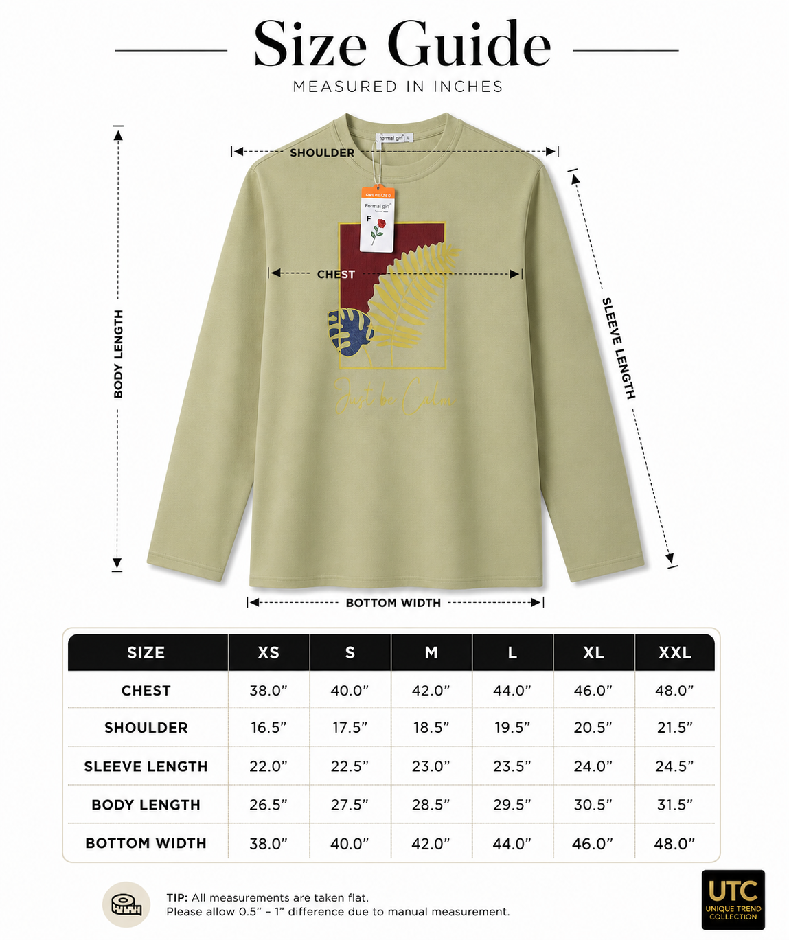 Formal Girl Women’s Oversized Sage Green Long Sleeve Graphic T-Shirt – Just Be Calm