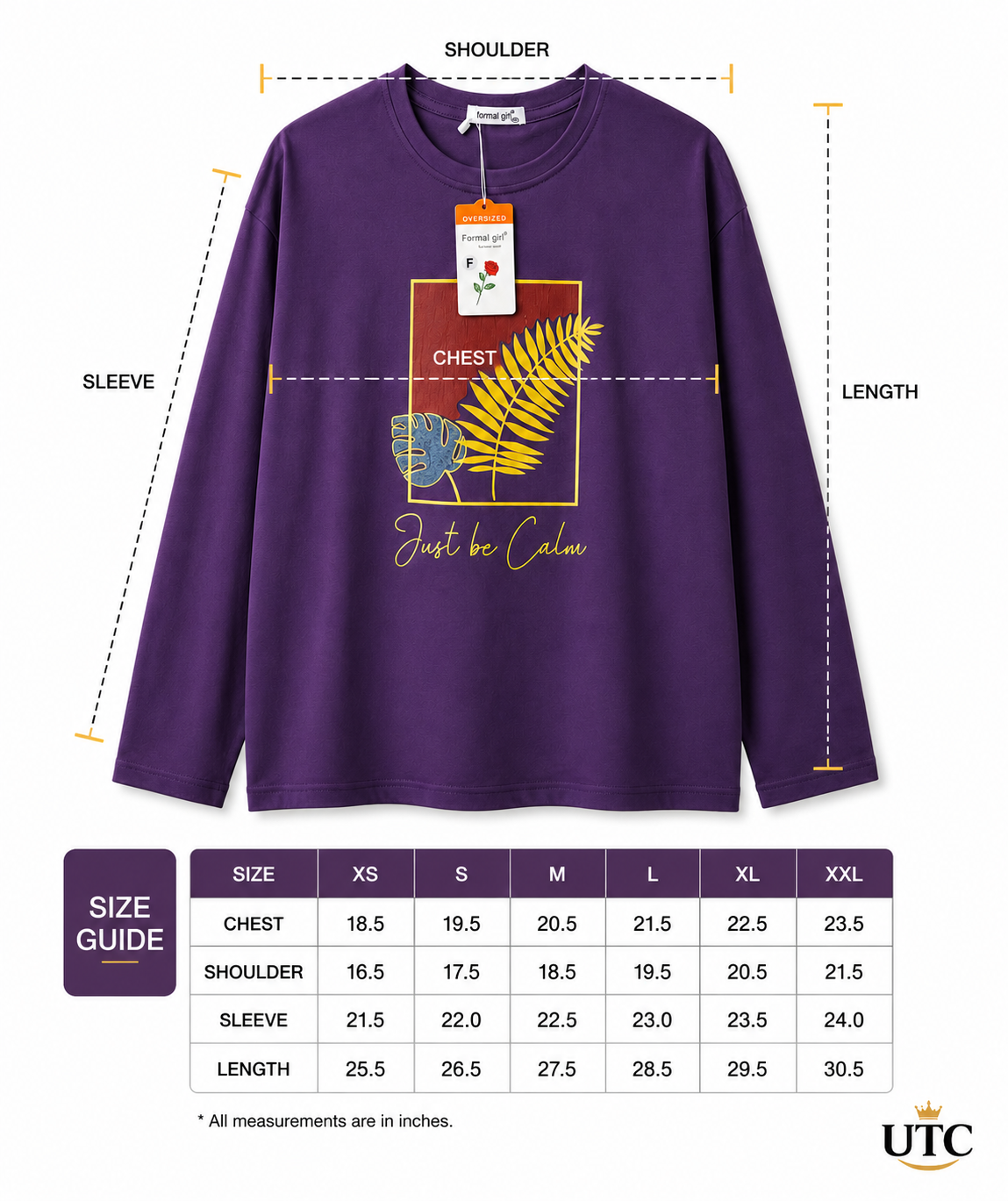 Women's Premium Oversized Long Sleeve Graphic Cotton T-Shirt – Purple | Just Be Calm Casual Crew Neck Tee