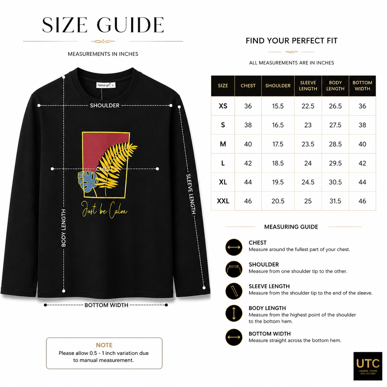 Women’s Premium Black “Just Be Calm” Graphic Long-Sleeve T-Shirt | Botanical Casual Top