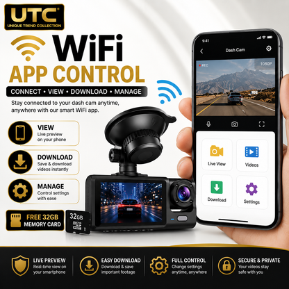 4G WiFi GPS 3-Channel Dash Cam | Front + Cabin + Rear | FREE 32GB Memory Card | Full HD 1080P