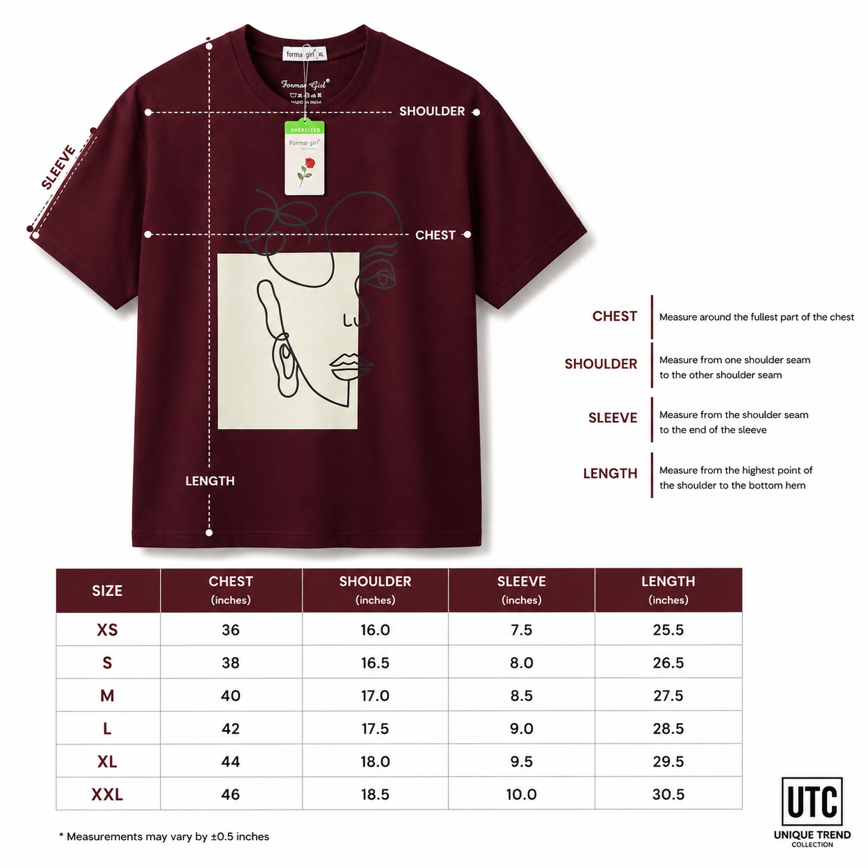 Formal Girl Women’s Oversized Burgundy Graphic T-Shirt – Abstract Face Print