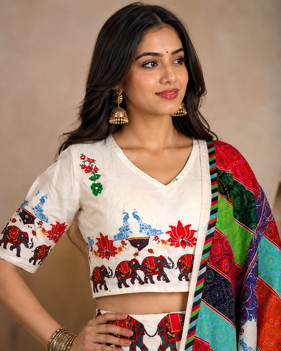 Women’s White Multicolour Navratri Garba Chaniya Choli Set – 3 Piece