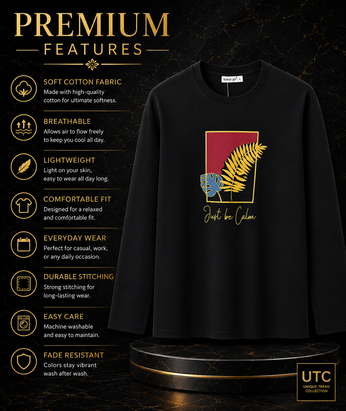 Women’s Premium Black “Just Be Calm” Graphic Long-Sleeve T-Shirt | Botanical Casual Top