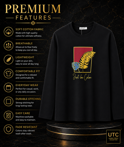 Women’s Premium Black “Just Be Calm” Graphic Long-Sleeve T-Shirt | Botanical Casual Top
