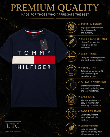 💙 Tommy Hilfiger Men's Flag Logo T-Shirt | Navy Blue Premium Cotton Crew Neck