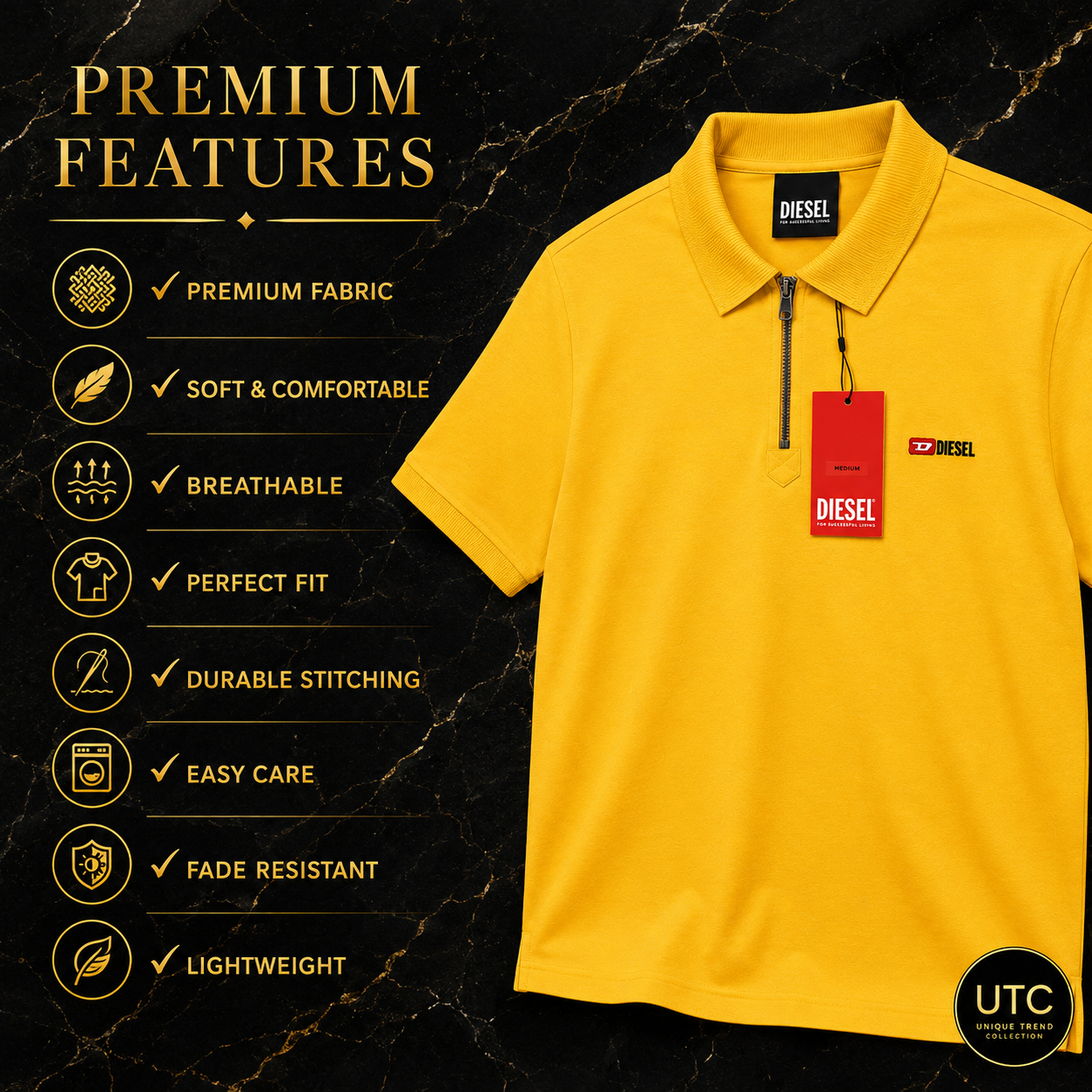 🔥 Diesel Men's Premium Yellow Zip Polo Shirt | Luxury Cotton Casual Golf Polo 👕💛