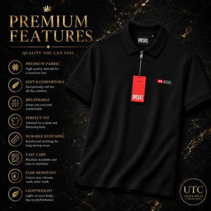 Diesel Men's Premium Black Zip Polo Shirt | Short Sleeve Cotton Polo | Designer Casual Wear