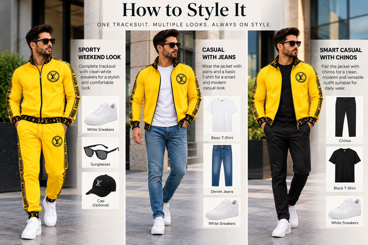Louis Vuitton Logo Yellow & Black 2-Piece Tracksuit | Zip Jacket & Joggers