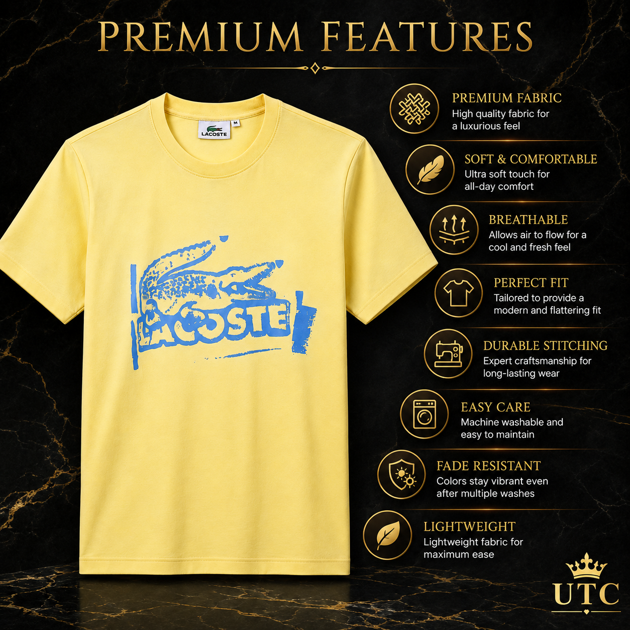 Lacoste Men's Yellow Graphic T-Shirt | Premium Cotton Crew Neck Short Sleeve Tee