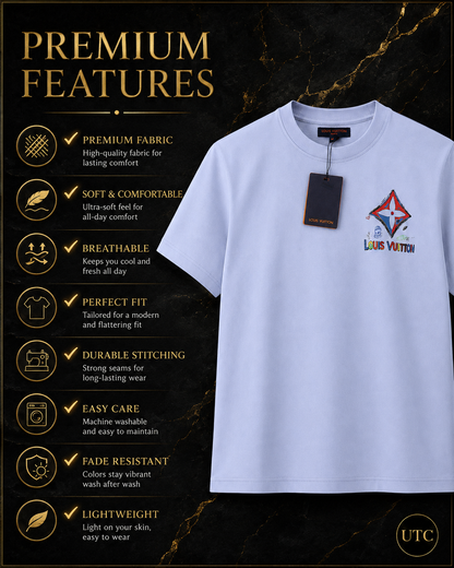 🩵 Louis Vuitton Men's Premium Sky Blue Logo T-Shirt 👕✨ | Luxury Cotton Crew Neck | 100% Authentic