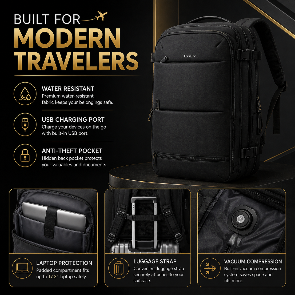 Tigernu Waterproof Vacuum Compression Laptop Backpack | Built-in Electric Vacuum Compression | Expandable 27L–37L | Anti-Theft | USB Charging | Fits 17" Laptop