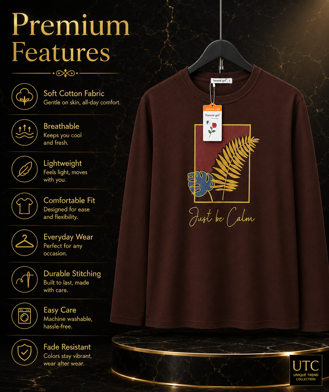 Formal Girl Women’s Oversized Chocolate Brown Long Sleeve Graphic T-Shirt – Just Be Calm