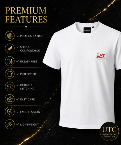 EA7 Emporio Armani Men's Logo T-Shirt – White | Premium Cotton Crew Neck | Designer Tee