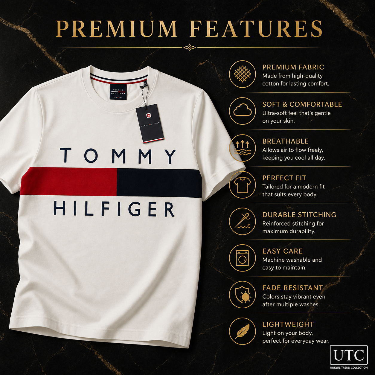 🤍 Tommy Hilfiger Men's Flag Logo T-Shirt | White Premium Cotton Crew Neck