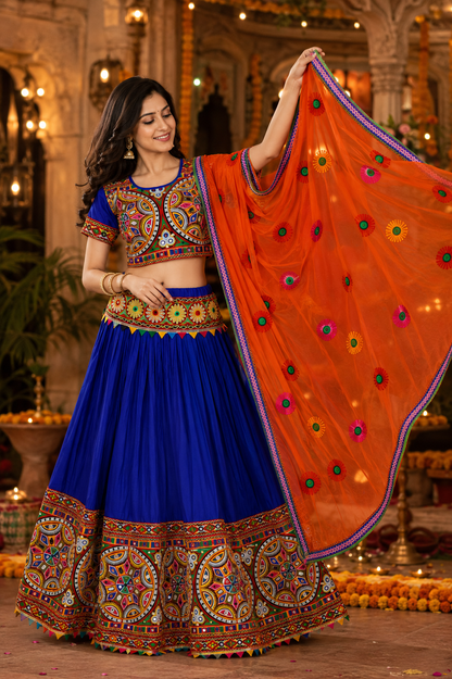 Women’s Royal Blue & Orange Navratri Garba Chaniya Choli Set – 3 Piece