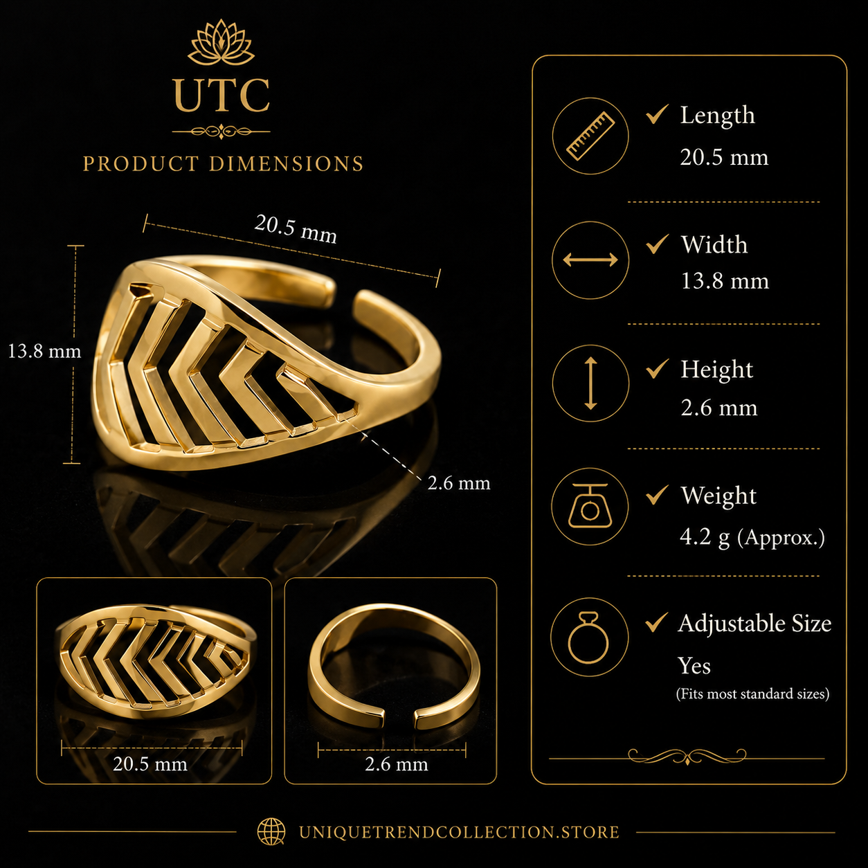 Modern Gold-Tone Adjustable Geometric Statement Ring for Women