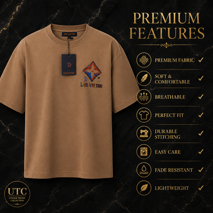 Louis Vuitton Men's Premium Cotton Short Sleeve T-Shirt | Luxury Casual Crew Neck | Camel Brown