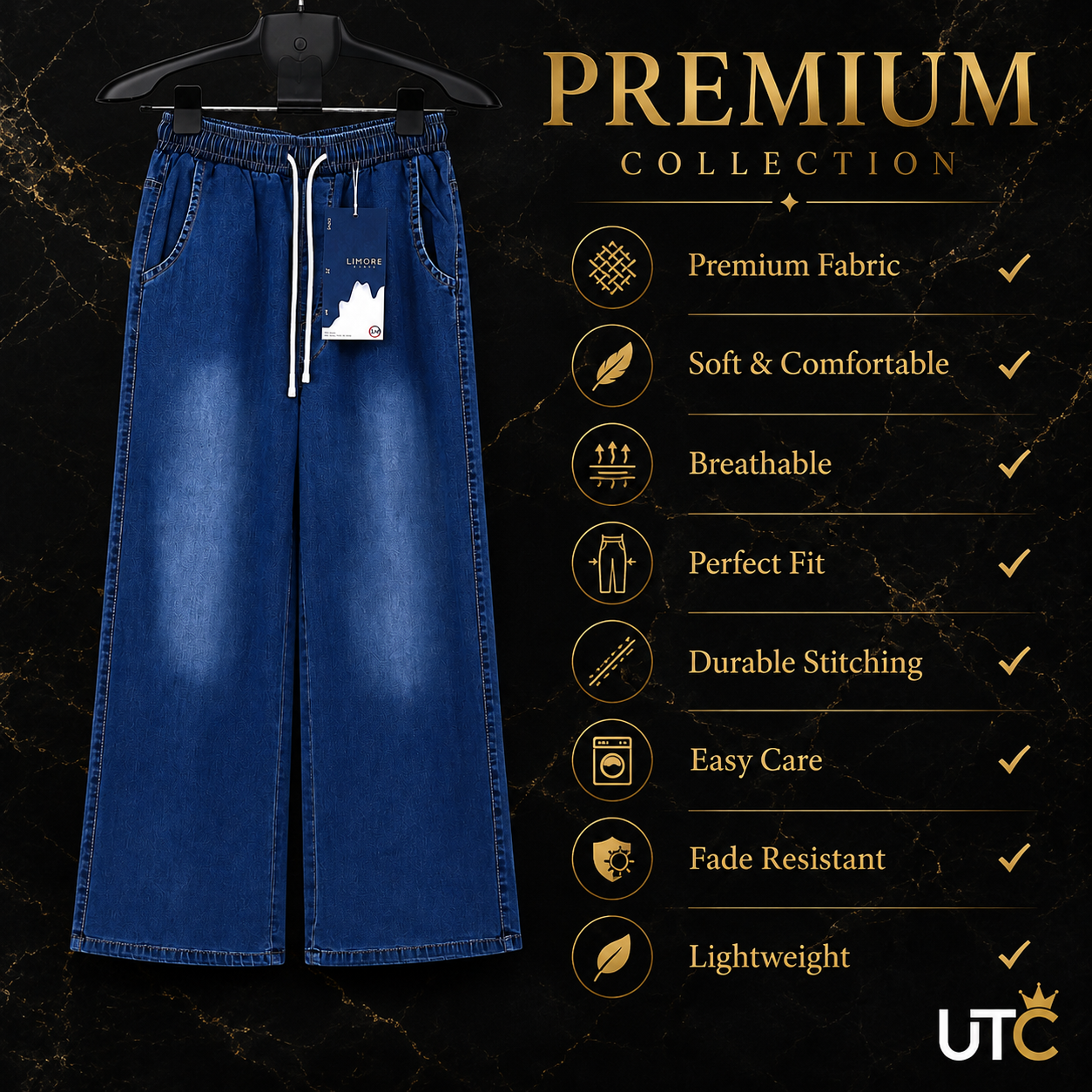LIMORE Women’s Dark Blue Wide-Leg Jeans | Drawstring Elastic Waist