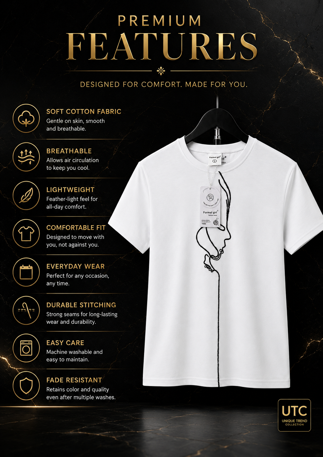 Formal Girl Women’s White Minimalist Line Art T-Shirt – Short Sleeve Casual Tee