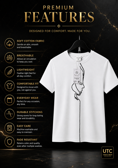 Formal Girl Women’s White Minimalist Line Art T-Shirt – Short Sleeve Casual Tee