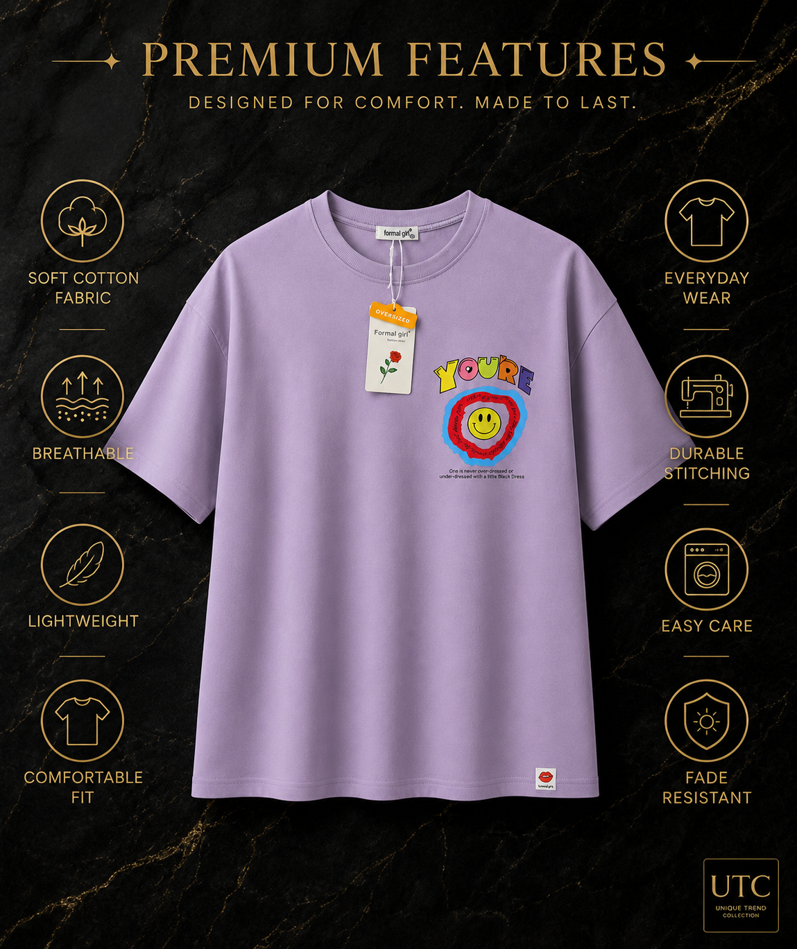 Formal Girl Women’s Oversized Lavender Graphic T-Shirt – Smiley Print Casual Tee