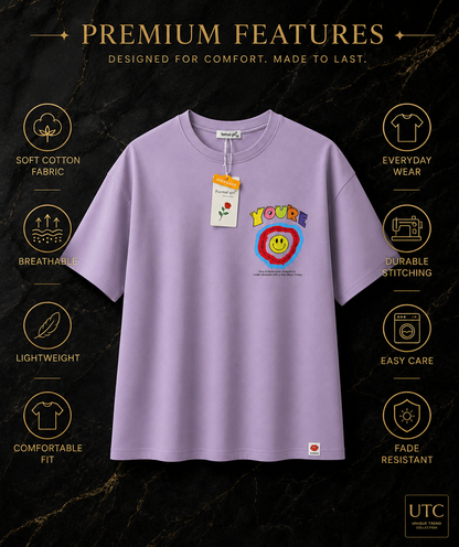 Formal Girl Women’s Oversized Lavender Graphic T-Shirt – Smiley Print Casual Tee