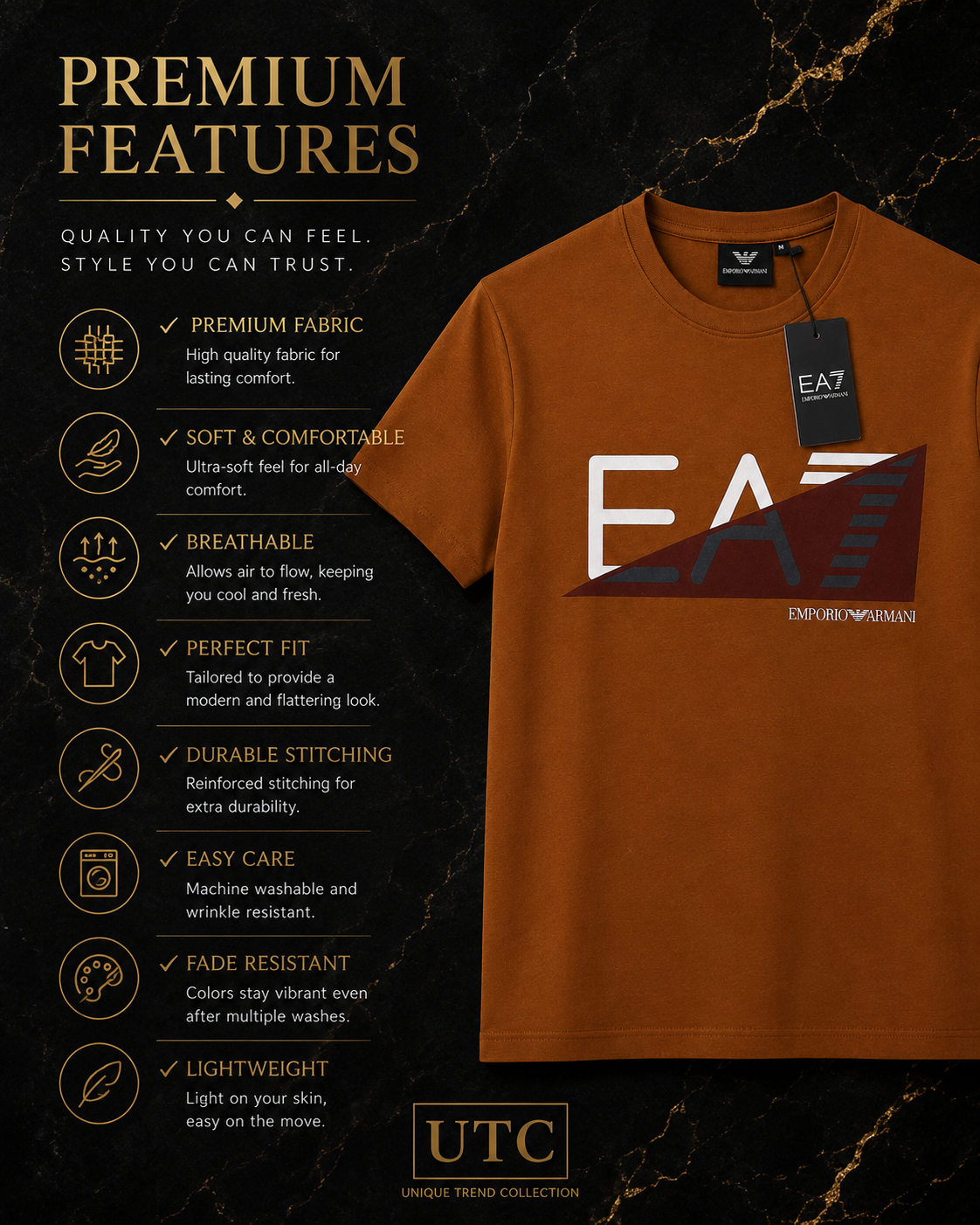 🤎 EA7 Emporio Armani Men's Premium Graphic Logo T-Shirt | Brown Cotton Crew Neck