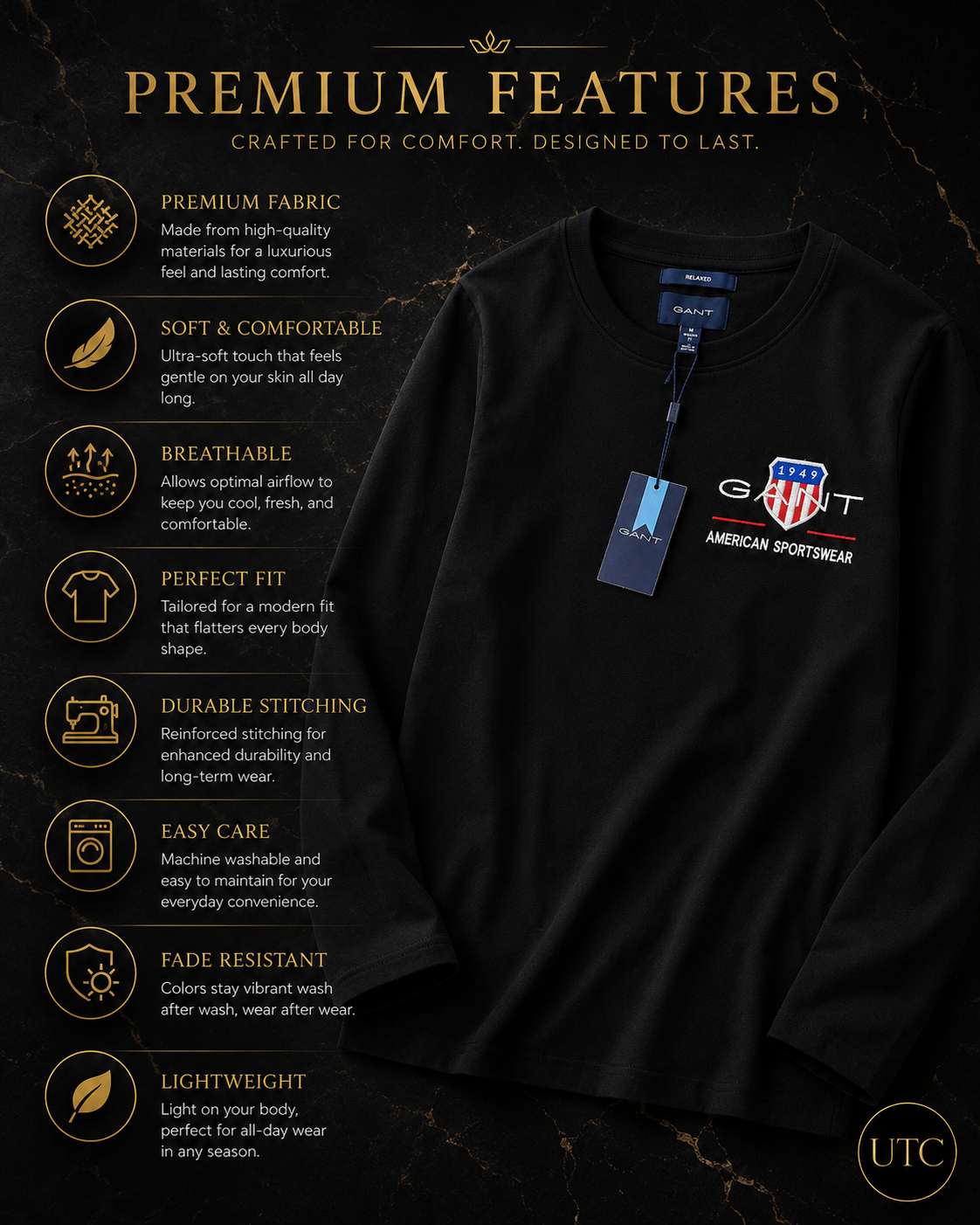 🖤 GANT Men's Premium Long Sleeve T-Shirt 👕✨ | 100% Authentic | Classic American Sportswear