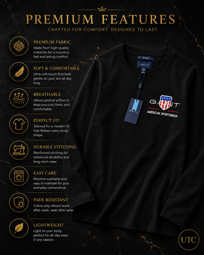 🖤 GANT Men's Premium Long Sleeve T-Shirt 👕✨ | 100% Authentic | Classic American Sportswear