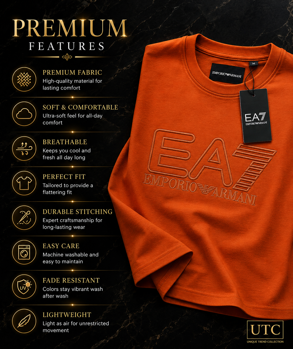 🧡 EA7 Emporio Armani Men's Premium Logo T-Shirt | Orange Cotton Crew Neck