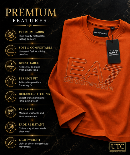🧡 EA7 Emporio Armani Men's Premium Logo T-Shirt | Orange Cotton Crew Neck