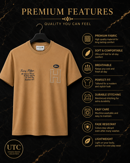 Tommy Hilfiger Men's Premium Camel Crew Neck T-Shirt | Short Sleeve Cotton Designer Tee