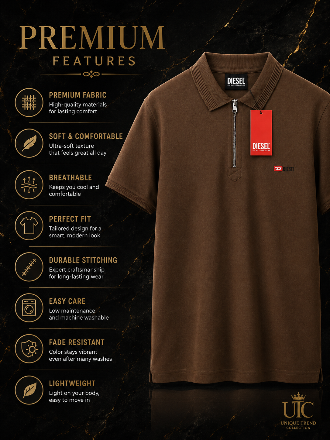 Premium Men's Coffee Brown Quarter-Zip Polo Shirt | Soft Cotton Blend Casual Polo