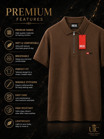 Premium Men's Coffee Brown Quarter-Zip Polo Shirt | Soft Cotton Blend Casual Polo