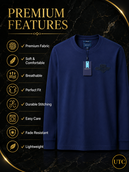 💙✨ GANT Men's Premium Navy Long Sleeve T-Shirt 👕 | 100% Soft Cotton Crew Neck | Luxury Casual Everyday Wear