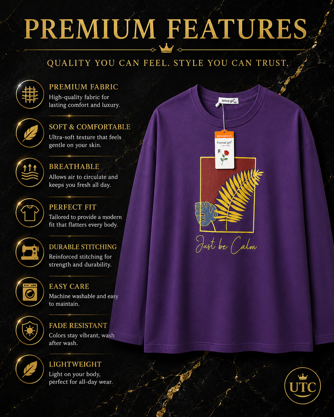 Women's Premium Oversized Long Sleeve Graphic Cotton T-Shirt – Purple | Just Be Calm Casual Crew Neck Tee