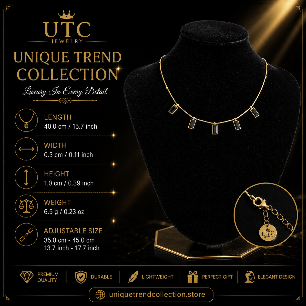 ✨ Black Crystal Gold Charm Necklace | Elegant Luxury Pendant Necklace for Women | UTC Jewelry
