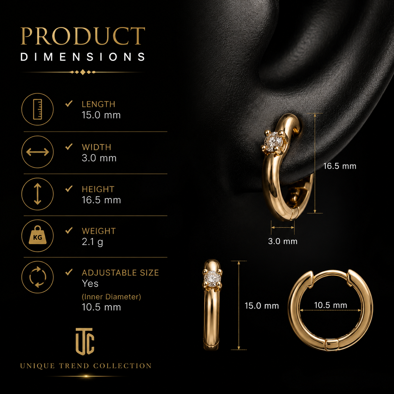 ✨ Elegant Gold Crystal Hoop Earrings for Women | 💎 UTC Luxury Jewelry