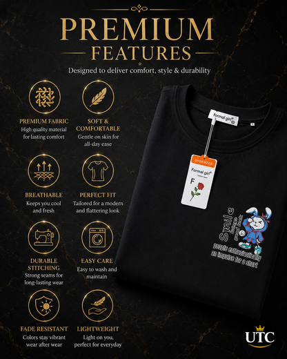 Women's Premium Oversized Cotton Graphic T-Shirt – Black | Smile Casual Crew Neck Tee