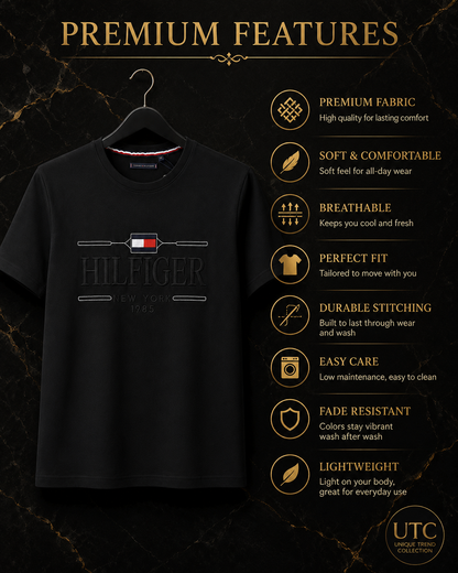 Tommy Hilfiger Men's Logo Graphic T-Shirt – Black | Premium Cotton Crew Neck | New York 1985
