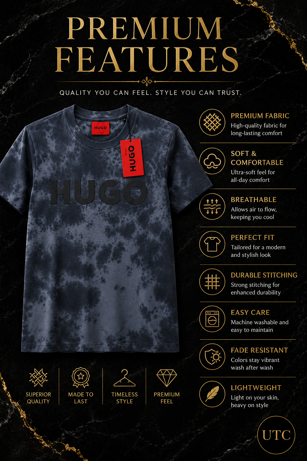 🖤 HUGO Men's Premium Tie-Dye Logo T-Shirt 👕✨ | 100% Authentic | Modern Luxury