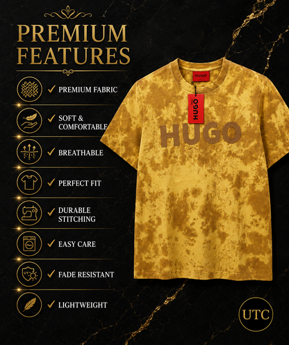 👕 HUGO Men's Premium Tie-Dye Logo T-Shirt 💛🔥 | Soft Cotton Crew Neck | Modern Casual Wear
