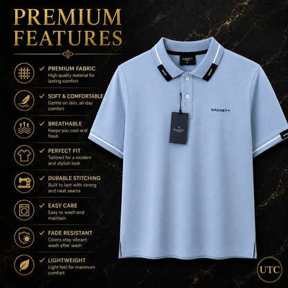 💙 Hackett London Men's Premium Sky Blue Polo Shirt 👕✨ | Luxury Cotton | Smart Casual | 100% Authentic