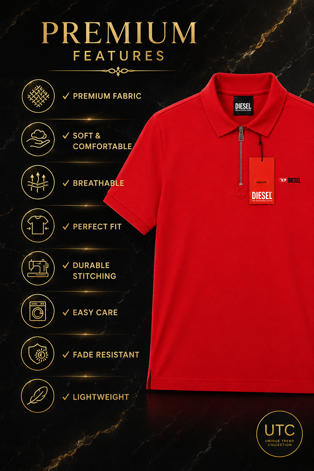 🔥 Diesel Men's Premium Red Quarter-Zip Polo Shirt | Luxury Cotton Casual Golf Polo ❤️👔