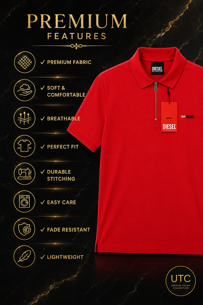 🔥 Diesel Men's Premium Red Quarter-Zip Polo Shirt | Luxury Cotton Casual Golf Polo ❤️👔