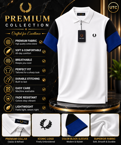 🏆 Premium Men's Color Block Polo Shirt 👕 | Soft Cotton Blend | Modern Smart Casual | White & Royal Blue