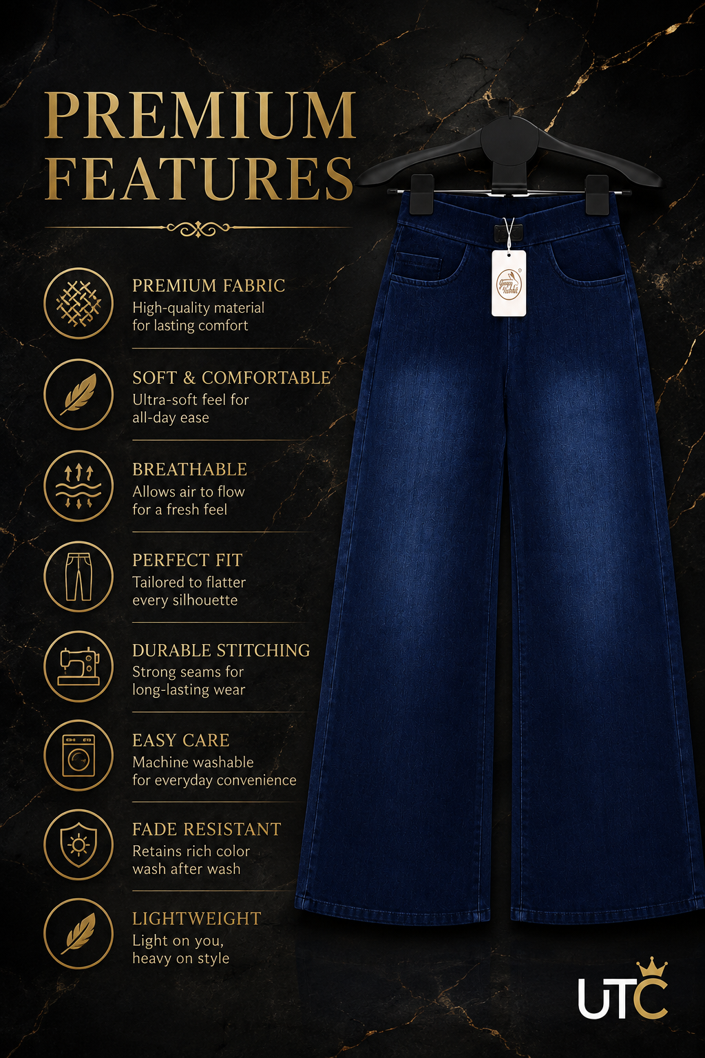 GREY RABBIT Women's Dark Blue Wide-Leg Jeans – High-Waist Stretch Denim Pants
