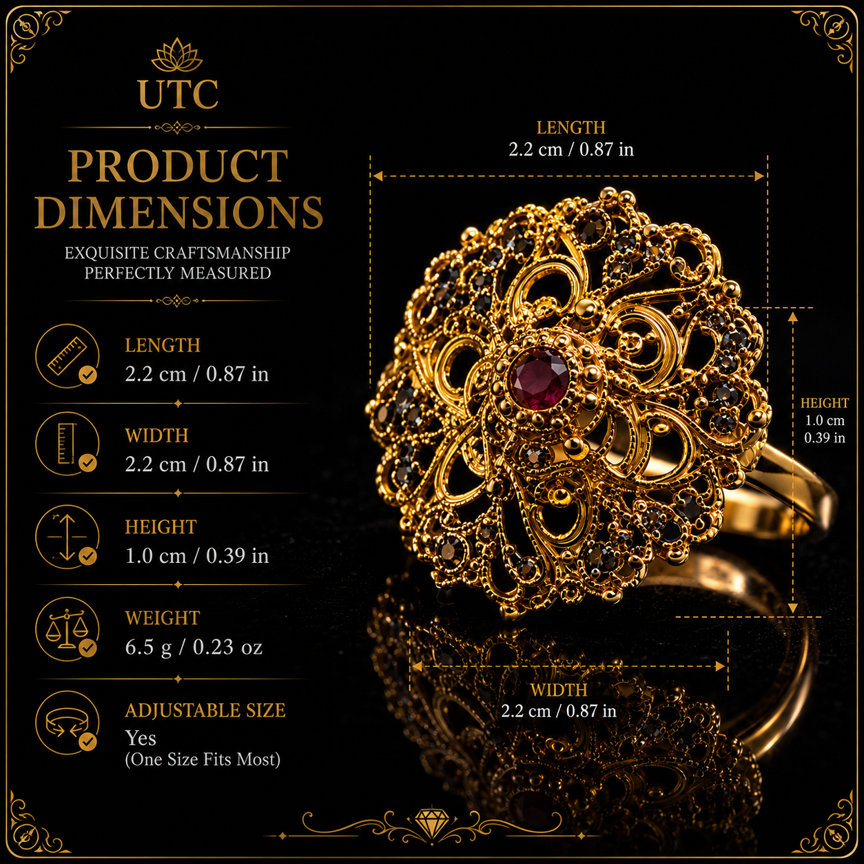 Traditional Indian Filigree Gold-Tone Floral Ring | Ruby Accent Statement Ring