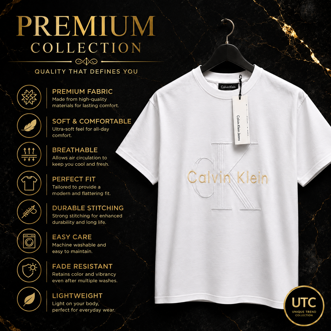 🤍 Calvin Klein Men's Premium Embossed Logo T-Shirt | White Cotton Crew Neck